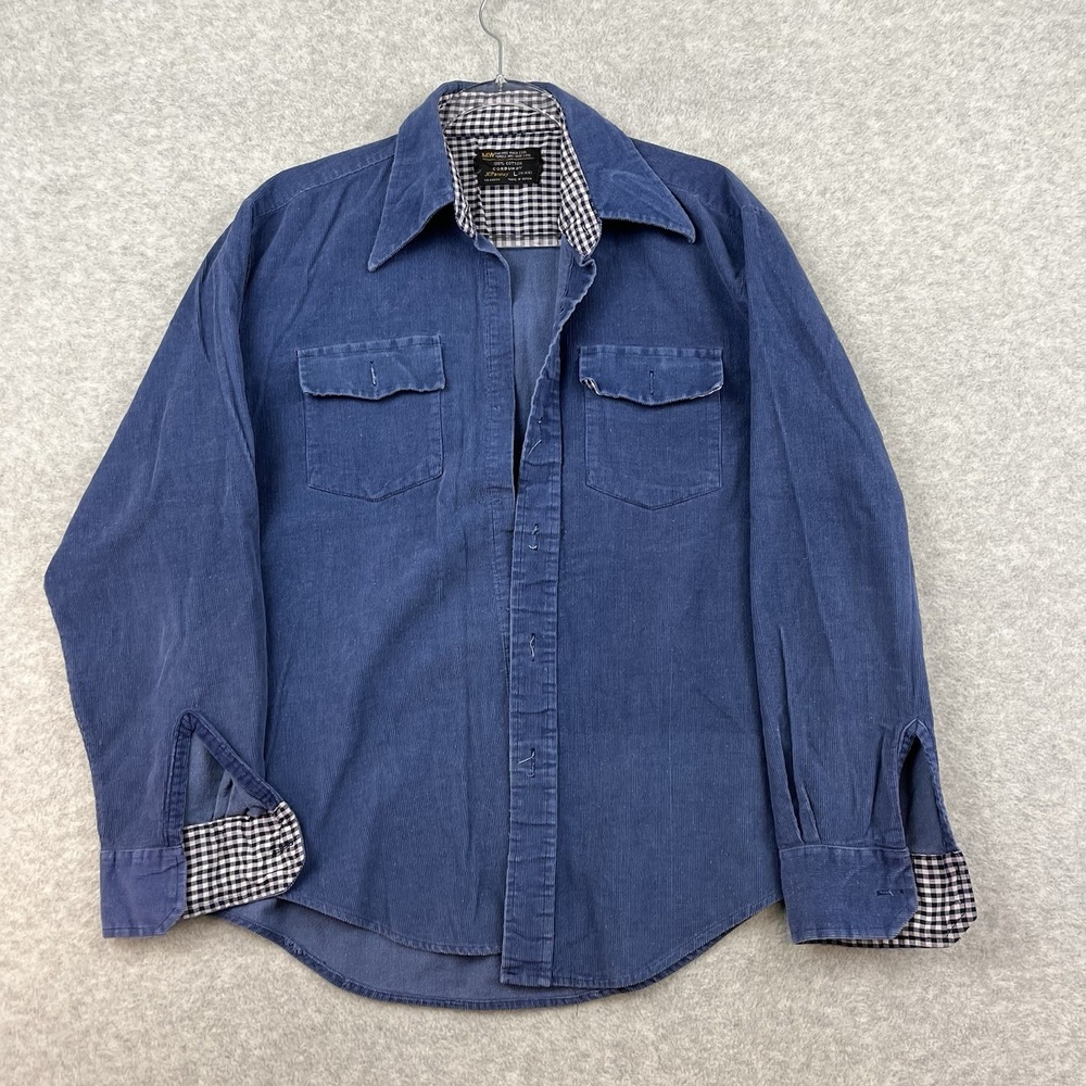 Vintage JC Penney Shirt Mens L Blue  Corduroy Work Button Up 70s Flip Cuff‎